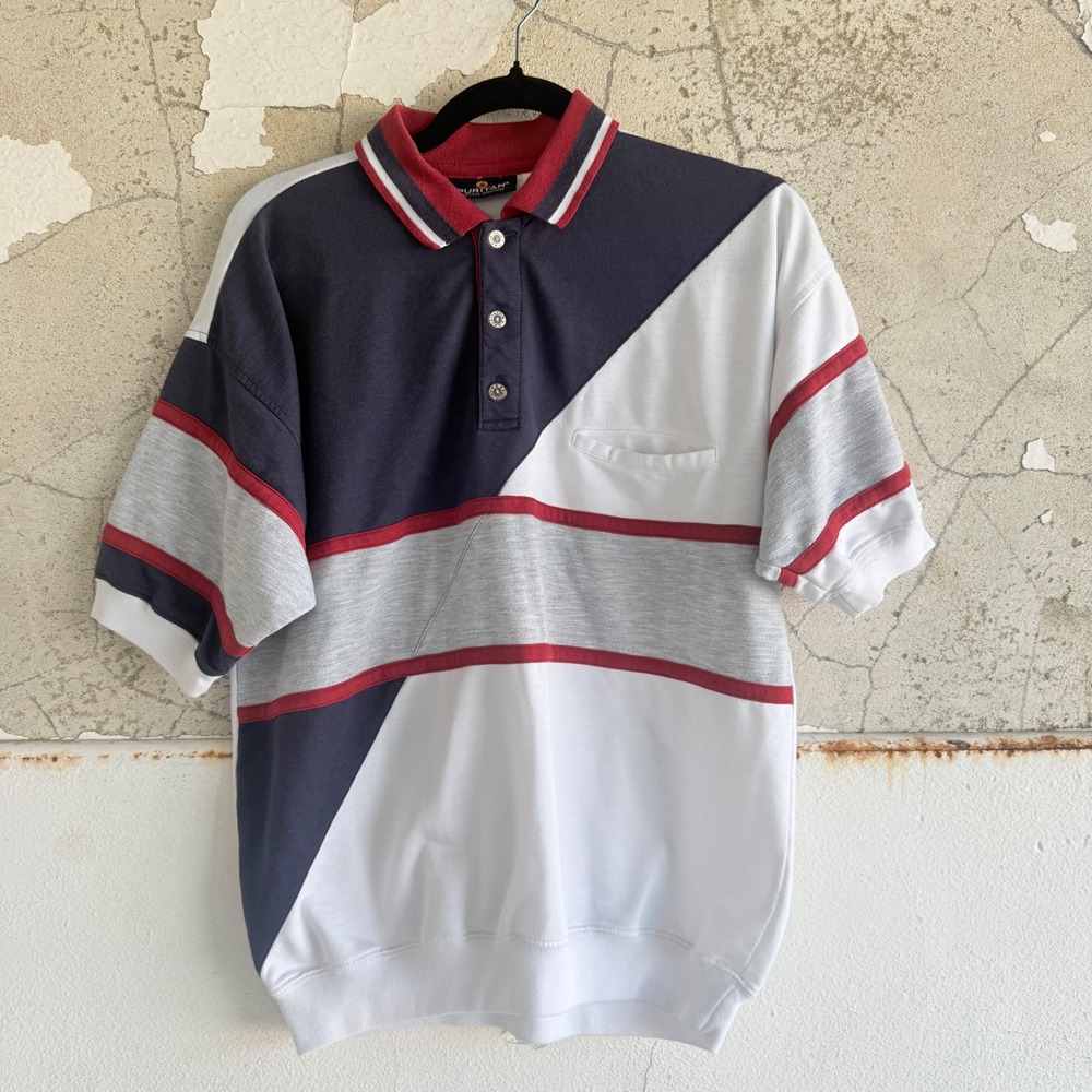 Vtg Puritan Polo Shirt Colorblock Geometric 90s Retro Sporty Short Sleeve Men L